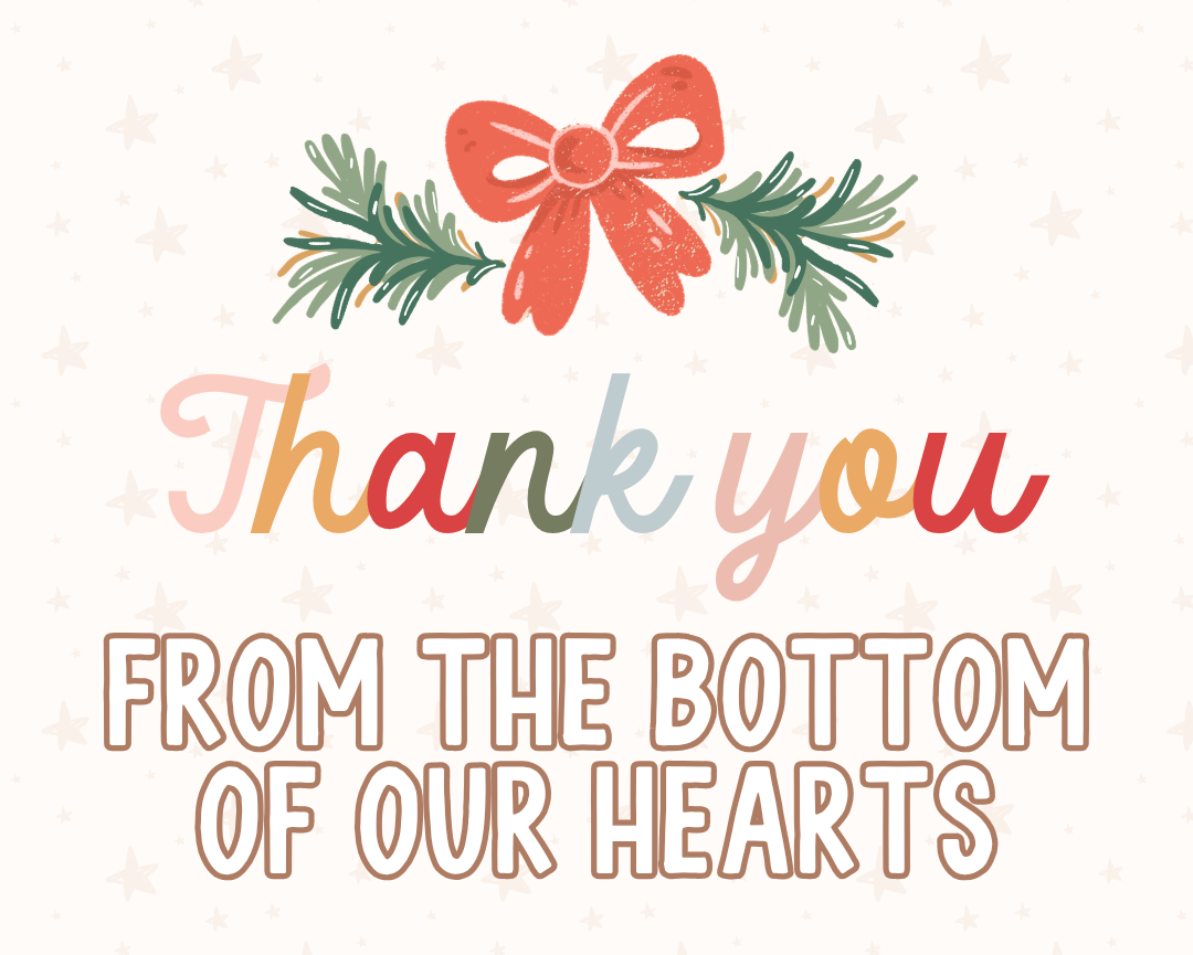 A festive holiday thank you card design with a red bow and green pine branches above the words 'Thank you FROM THE BOTTOM OF OUR HEARTS' on a cream background with faint star patterns. Small text at the bottom reads 'VISIT PLANNERBOSSCOLLECTIVE.